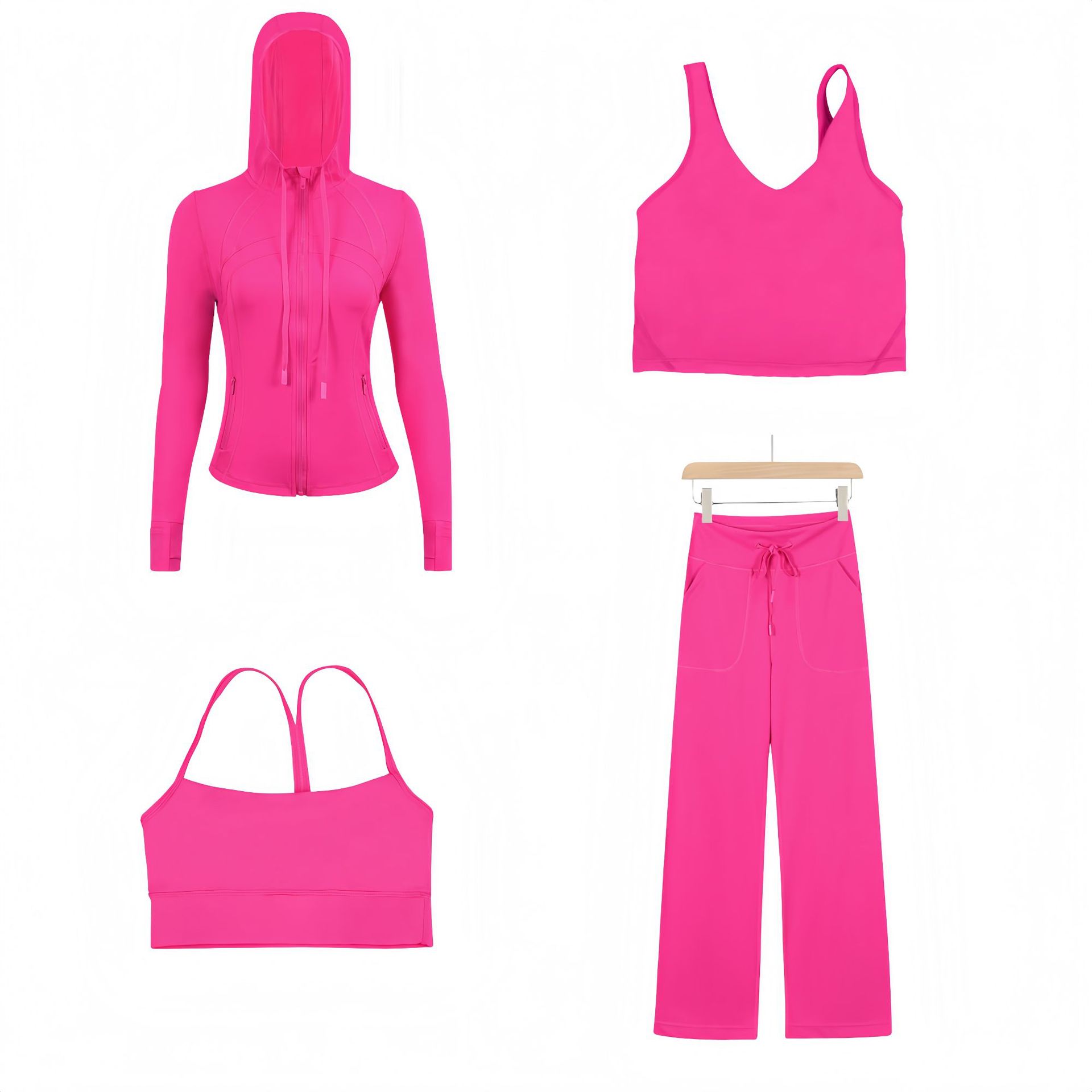 Dameskleding: Slim fit jasje met capuchon, Y-vormig vest, U-vormig vest en rechte broek, vierdelige set, elastische sportkleding_voghion.com
