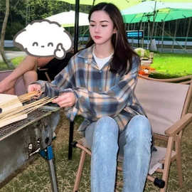 慵懒风格子衬衣设计感小众长袖衬衫宽松中长款情侣春秋外套女上衣