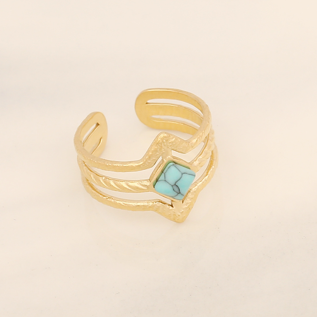 Acier Inoxydable Plaqué Or 18K Style Ethnique Incruster Géométrique Turquoise Anneau Ouvert display picture 5