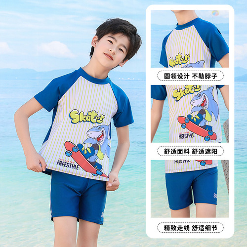 High-Quality Children's Swimwear Set Summer Medium and Large Cartoon Shark Sun Protection Quick-Dry Factory