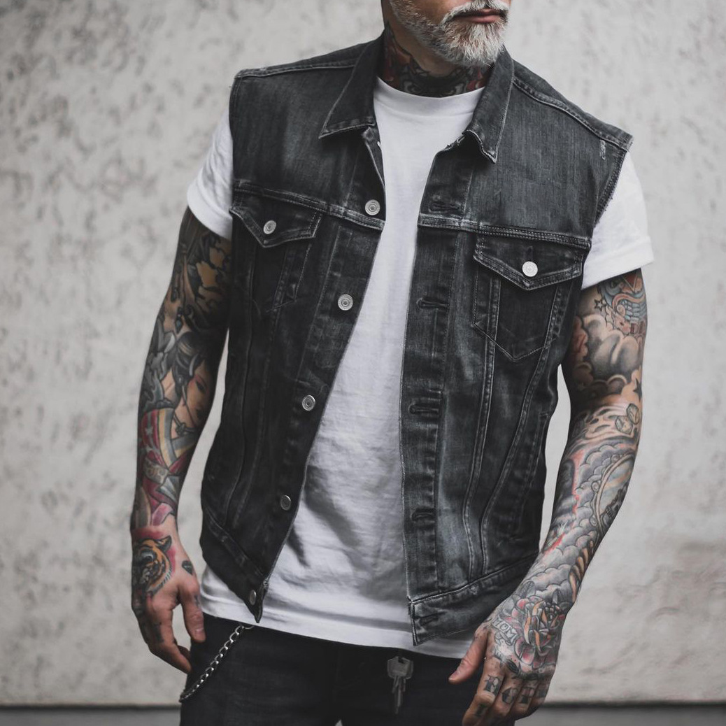 Bullhorn Ærmeløs Punk Sports Motorcykel Flip Collar Dominant denimvest til mænd 2039_voghion.com
