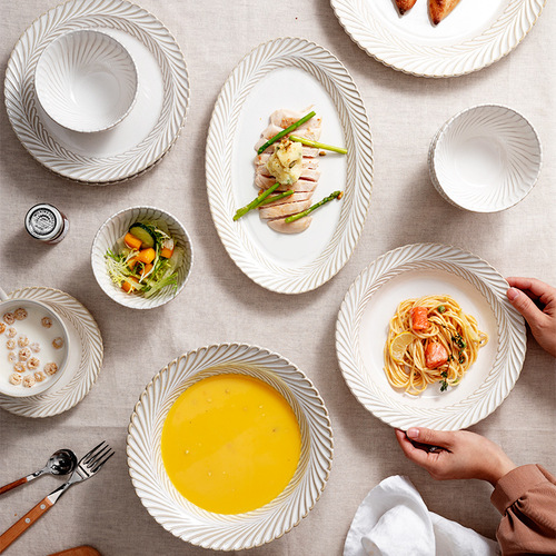 Cross-border hot selling dishes, rice bowls, mimosa, creative household kiln tableware, porcelain bowls, ceramic plates, bowls, chopsticks and spoons set