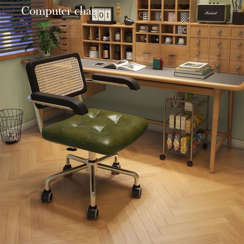Home Computer Chair Rattan Retro Comfortable Office Chair Study Bedroom Study Desk Chair Backrest Lift Swivel Chair