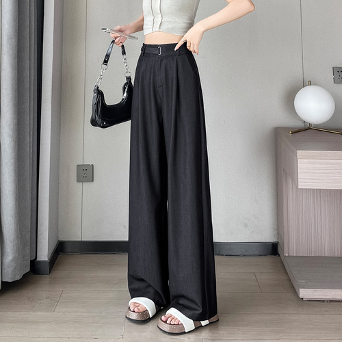 Blue Tencel Denim Wide Leg Pants for Women - Summer Thin Version High Waist Flowy Slimming Casual Little Women Ice Silk Wide Leg Pants