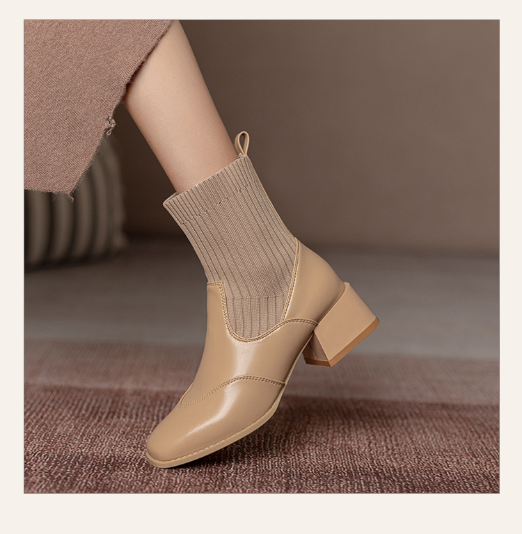 Women's Ankle Boots French Retro Square Toe Thick Heel Mid Calf_voghion.com