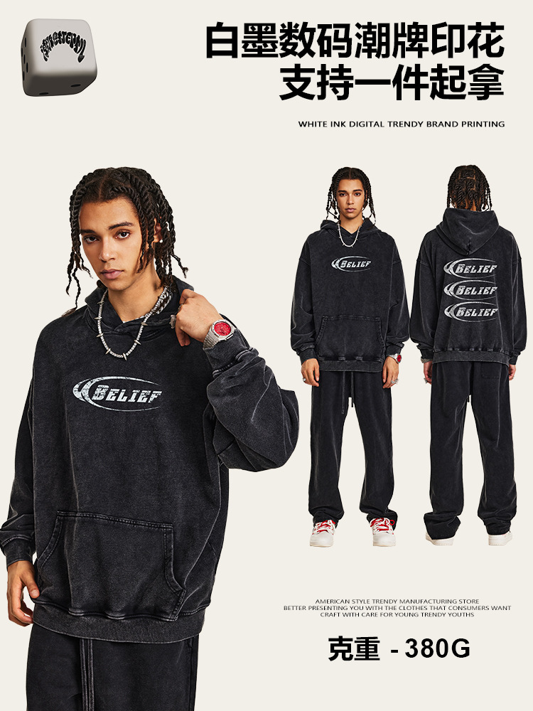 2025 otoño estilo de moda estadounidense nicho de diseño sensación de nieve frita logo suelto sombrero gran suéter hombre al por mayor
