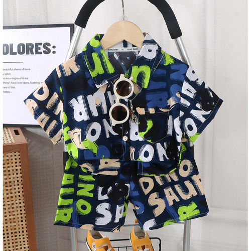 Style boys' new children's shirt suit summer short-sleeved outer wear casual thin medium and large children's clothing suit