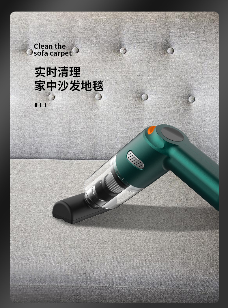 Car vacuum cleaner with strong suction, wireless charging, high-power, compact handheld, suitable for home use and pet hair cleaning