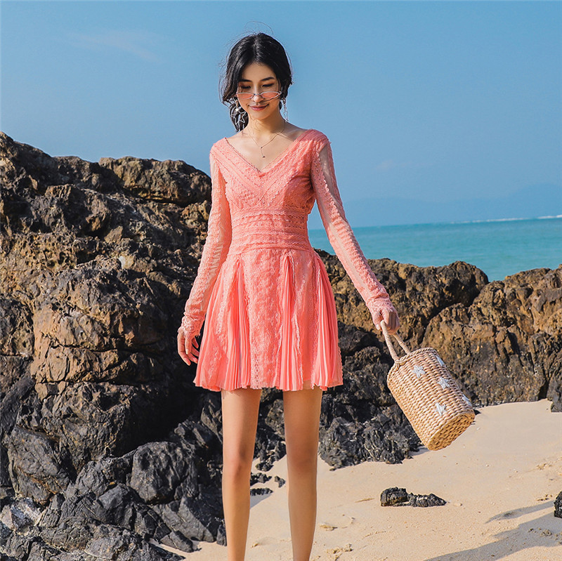 夏装新款气质西柚色蕾丝拼接短裙连衣裙沙滩裙海边度假仙女XW098