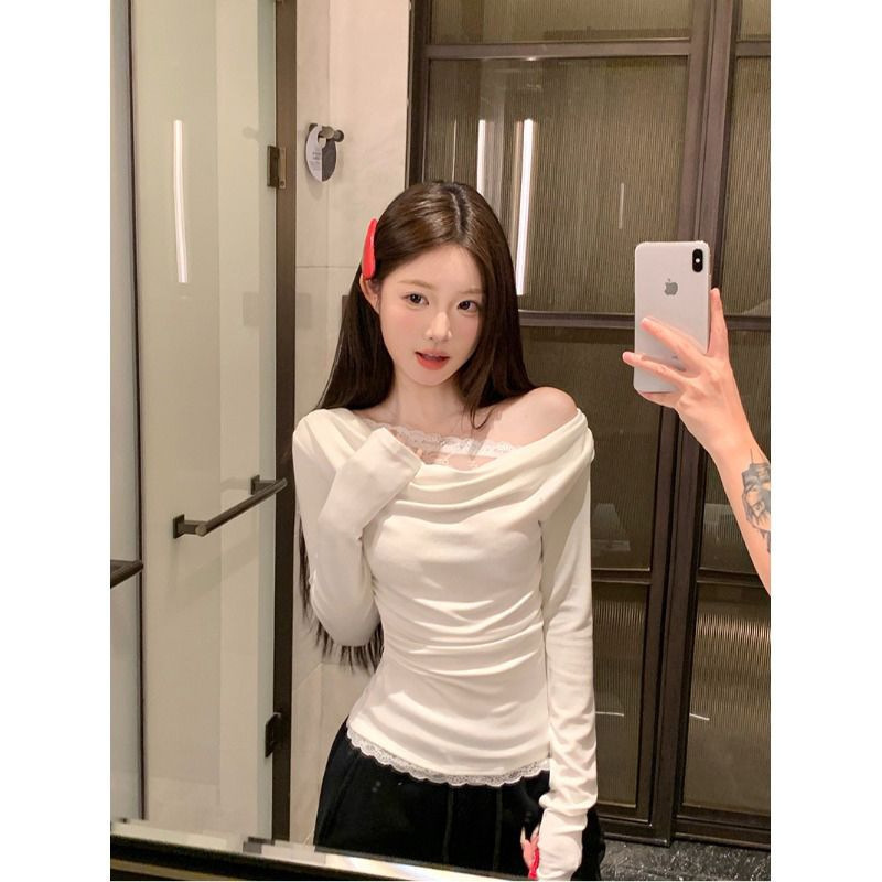 Off-Shoulder Lace White T-Shirt for Women, Spring Korean Style, Faux Two-Piece Long-Sleeve Base Shirt, Slim Fit Inner Top Off-Shoulder Lace White T-Shirt for Women, Spring Korean Style, Faux Two-Piece Long-Sleeve Base Shirt, Slim Fit Inner Top