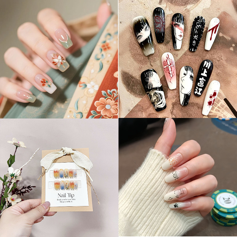 Purely Handmade Wearable Nails for Spring and Summer Chinese Style Flower French Phototherapy Nails Classy Ins Whitening Chinese Style Manicure