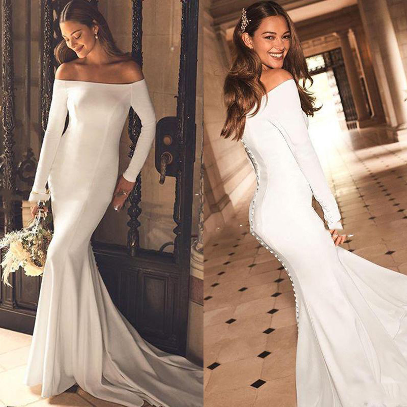 New four-sided wedding dress satin long sleeve off-shoulder button back mermaid tail skirt factory outlet