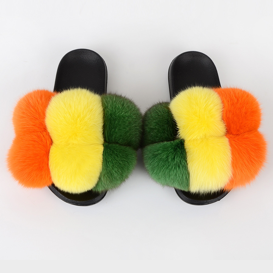 Zapatillas de bola de piel Zapatillas de bola de piel de ratón de zorro real Zapatillas de piel Zapatillas de piel Zapatillas de una palabra Sandalias y zapatillas