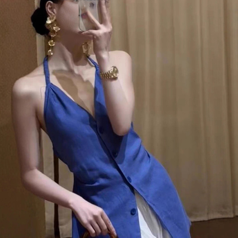 超好看独特漂亮高级感小众不撞衫上衣高端欧货蓝色挂脖吊带衬衫女|undefined