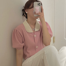 韓國chic溫柔減齡娃娃領拼接撞色單排扣寬松泡泡袖針織開衫上衣女
