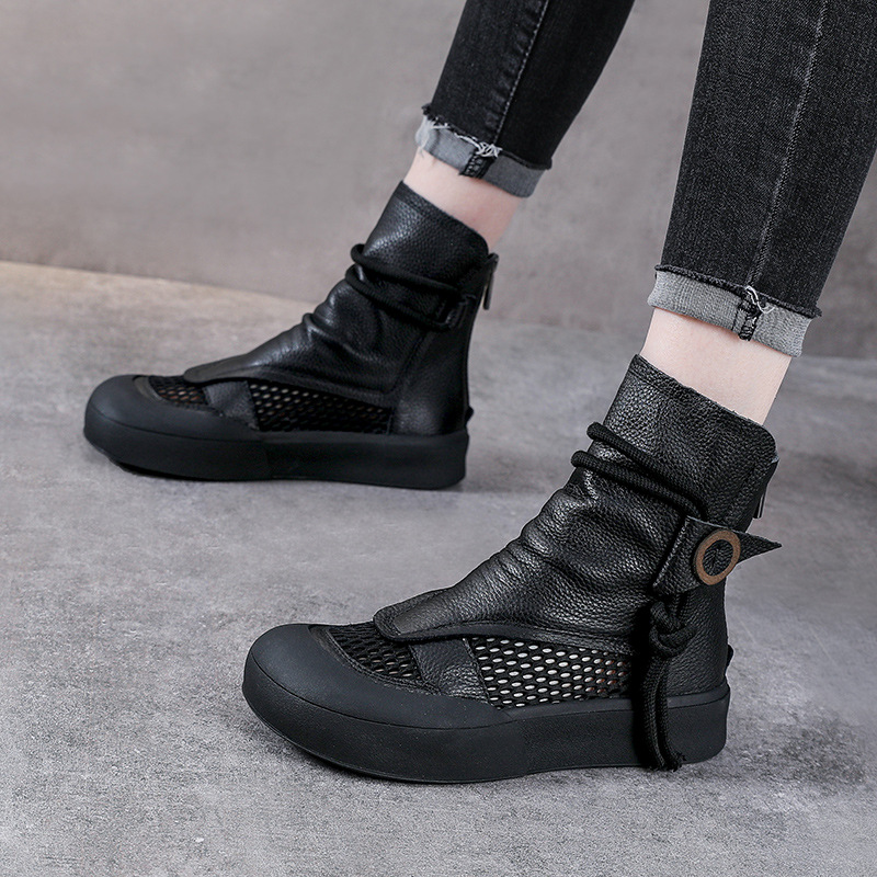 Giày boot nữ cổ thấp dây buộc phong cách Martin rỗng cổ điển — Màu nâu