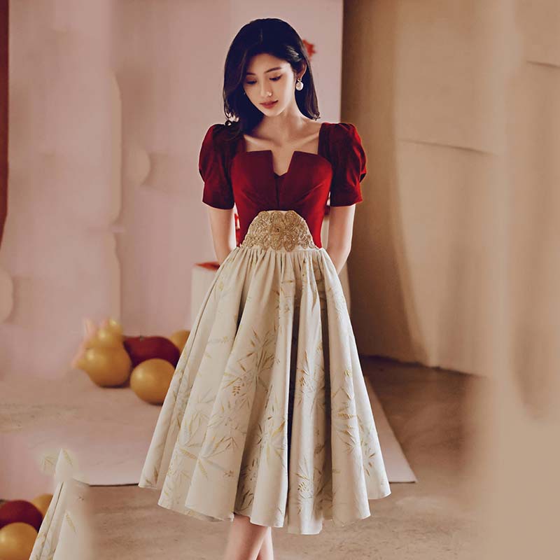 Vestido rojo 2026, nuevo vestido de verano estilo francés para compromiso, elegante vestido midi para brindis nupcial.