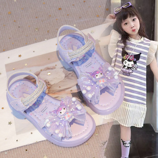 Girls Sandals Kuromi Elsa Princess Shoes 2025 Summer New Children's Rhinestone Crystal Sandals Beach Shoes Soft Sole