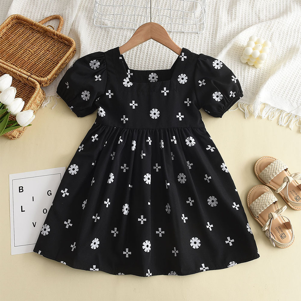 Girl's New Summer Floral Backless Short-sleeved Dress Children's Fashionable Fresh Small Black Dress Baby Dress Summer