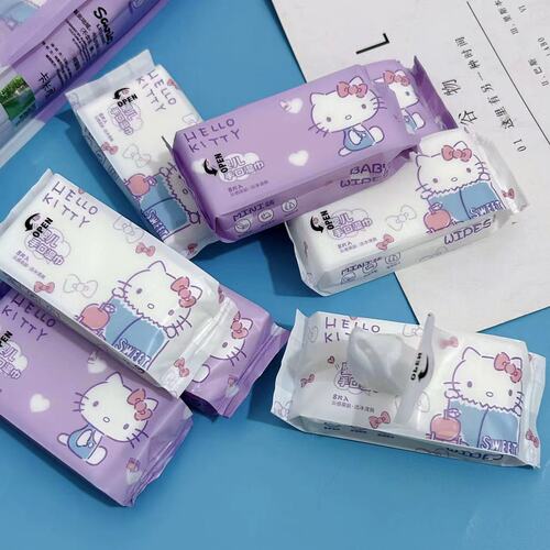 Purple kt cat wipes children's disposable hand and mouth cleaning wipes portable small package mini wipes baby