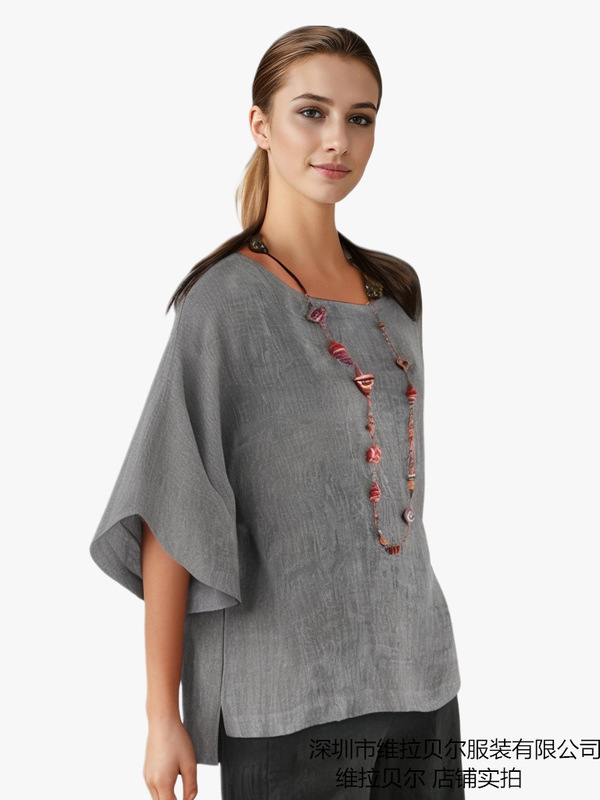 VeraBell リアルショット 2025eaby Amazon 新しい対外貿易婦人服七分袖ラウンドネックコットンとリネントップ|undefined