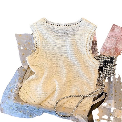 Women's Summer White Letter Knit V-Neck Tank Top with Shoulder Straps - Trendy, Luxury, Slimming, Sleeveless Top