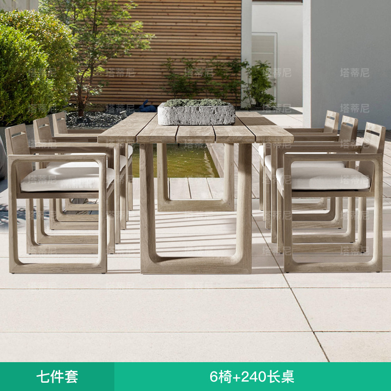 Patio al aire libre combinación de mesa y silla de teca Terraza de villa al aire libre mesa larga de madera maciza al aire libre impermeable y protector solar muebles de ocio