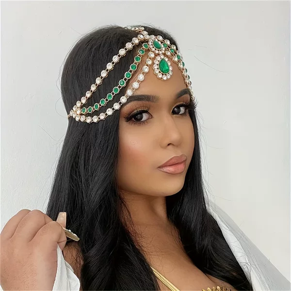 Ins Fashion Multi-Layer Rhinestone Tassel Head Chain Ladies Beauty Pageant Ball Super Flash Emerald Crystal Forehead Chain Jewelry