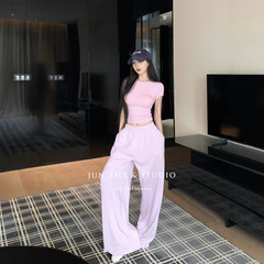 スポーツスーツ女性夏2点セットギャルガードルストレッチトップス半袖tシャツハイウエストカジュアルパンツワイドレギンス