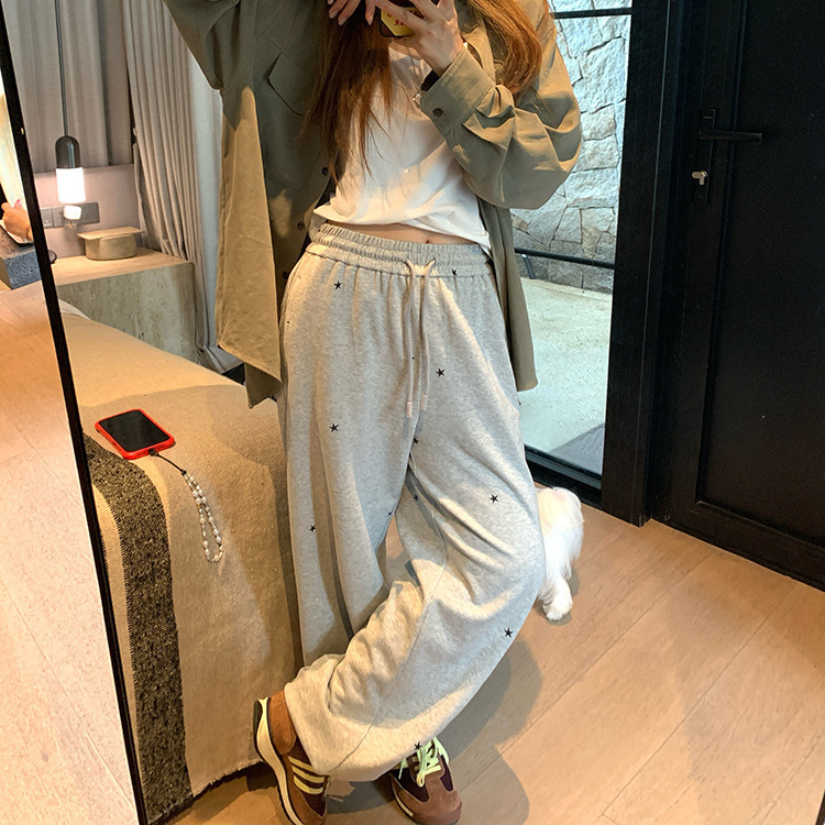 抽绳印花束脚休闲运动阔腿卫裤女2025早秋新款垂坠感宽松直筒裤子|undefined