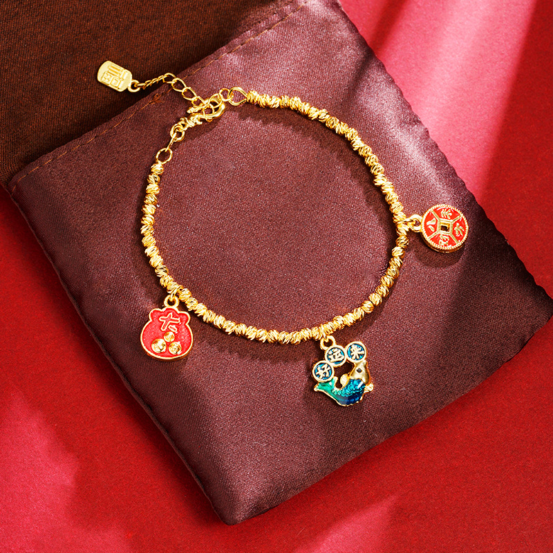 Nuevo producto pulsera de oro Gufa Sha viento nacional goteo de aceite carpa de cobre bolsas de dinero pulsera mujer lujo ligero no decoloración joyas