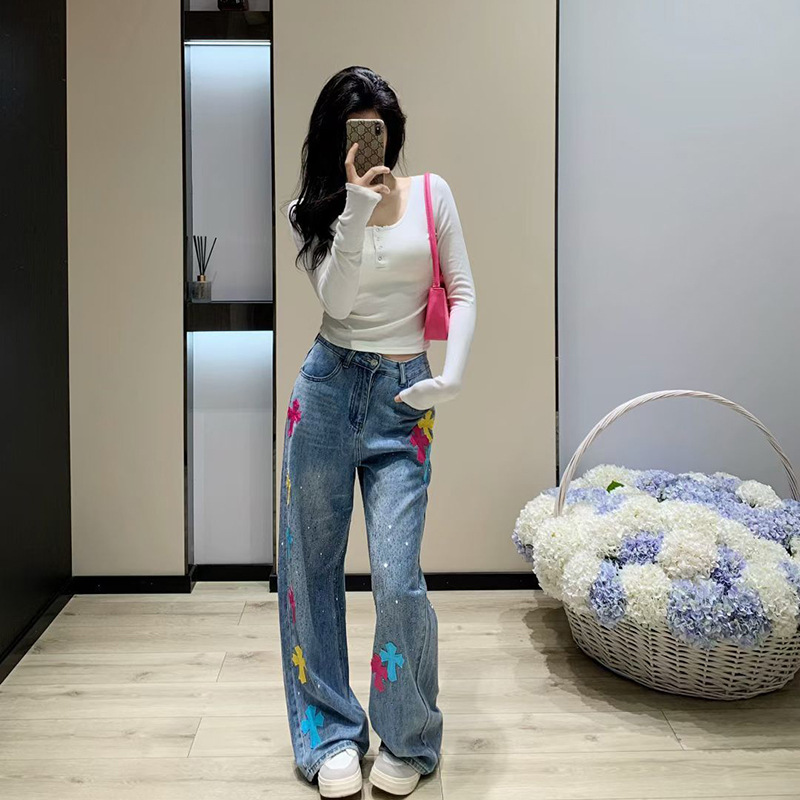 High-Waisted Women's Jeans with Colorful Cross-Shaped Leather Patch, Full Rhinestone Embellishment, Slimming Straight Loose Wide-Leg Floor-Length Pants