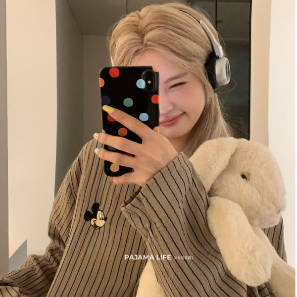 Spring and Summer New Cute Mickey Same Long-sleeved Pants Pajamas Women's Doll Collar Loose Cardigan Cross-border Home Clothes