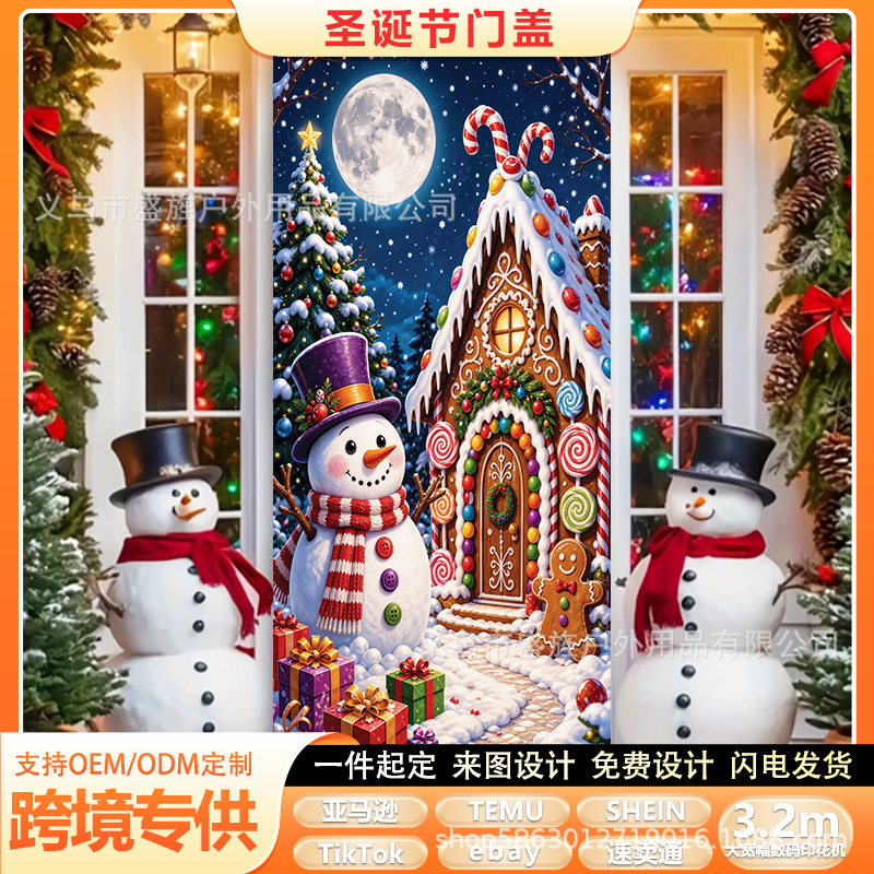 Christmas door cover snowman gingerbread house Santa Claus reindeer snow scene hanging cloth outdoor courtyard decoration door cover background Christmas door cover snowman gingerbread house Santa Claus reindeer snow scene hanging cloth outdoor courtyard decoration door cover background