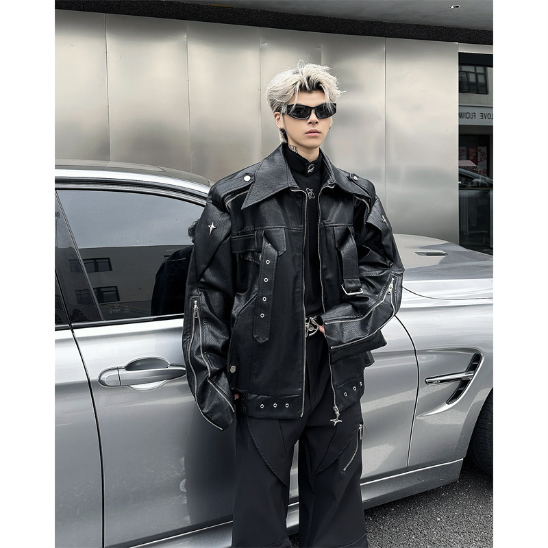 American-style Niche Deconstructed PU Leather Jacket Men's Autumn Vibe Fashion Brand Loose Design Feeling Ruffian Handsome Motorcycle Jacket Coat