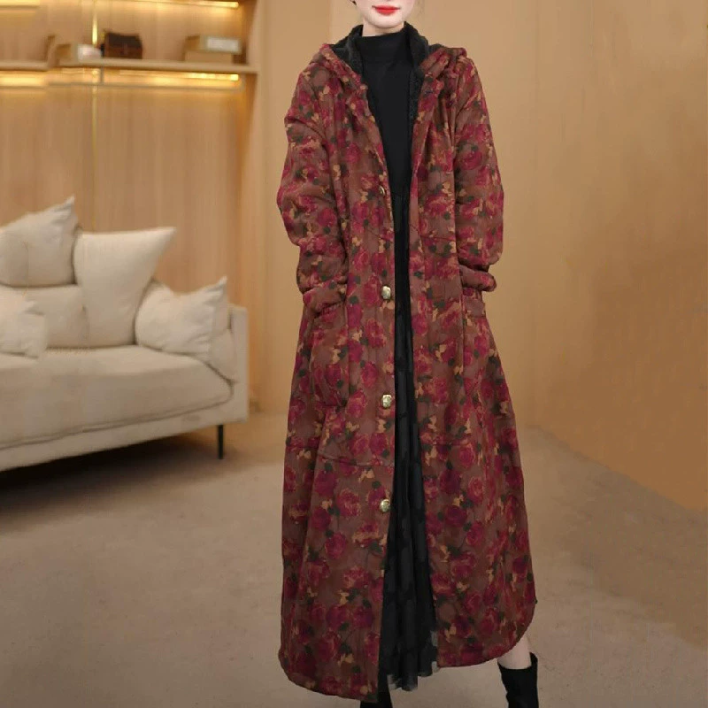 Плюшевая толстая хлопковая и льняная куртка женская осень-зима 2024 новый ретро-принт с капюшоном свободная теплая длинная ветровка