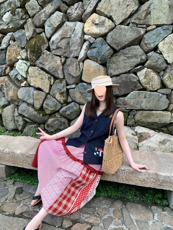 套装女夏季法式复古刺绣牛仔无袖背心马甲开衫格子拼接半身裙子潮|undefined
