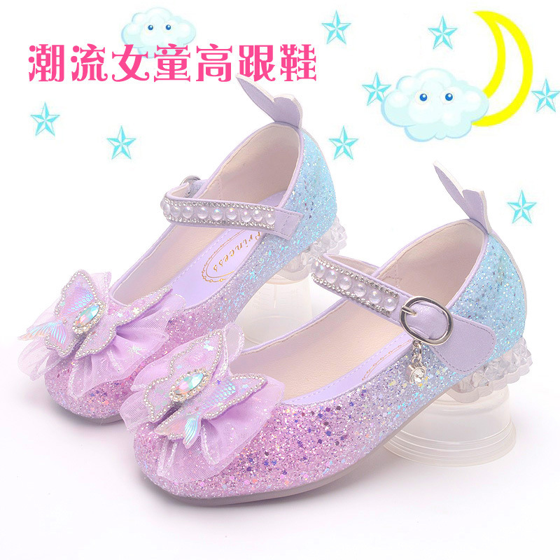 Girls Princess Shoes Small Leather Shoes Spring and Autum New Kidsren's High Heels Purple Baby Kidsren's Shoes Little Girl Crystal Shoes