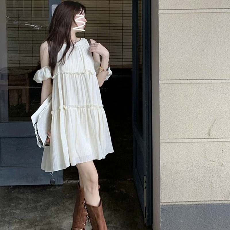 2024 летнее Новое нежное французское милое платье с круглым вырезом и открытыми плечами с короткими рукавами, Женская уменьшающая возраст юбка-трапеция, ins