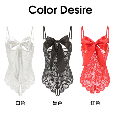 Sexy lingerie, sexy leaky breasts, big bow, lace one-piece, tight-fitting, open-fit, no-take-off, see-through temptation, hollow pajamas