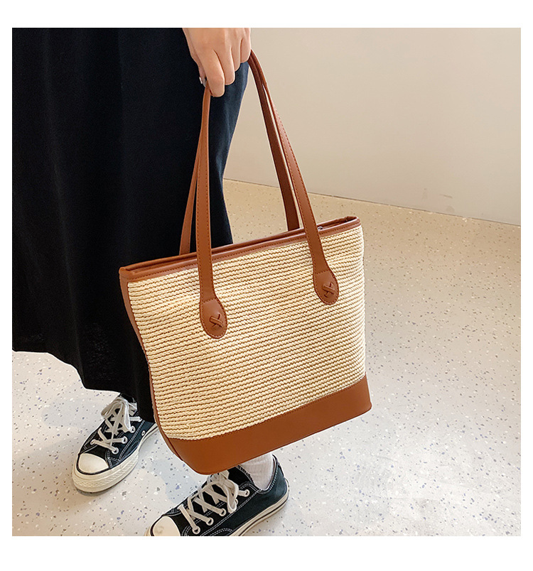 Women's Vacation Fashion Color Block Zipper Shoulder Bag Tote Bag Pu Leather Straw Shoulder Bags display picture 5