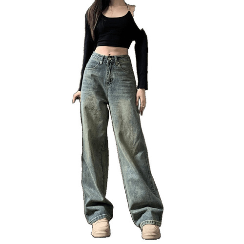 American retro washed and used jeans for women, small summer, high waist, straight, slimming, loose, wide-leg pants, trendy