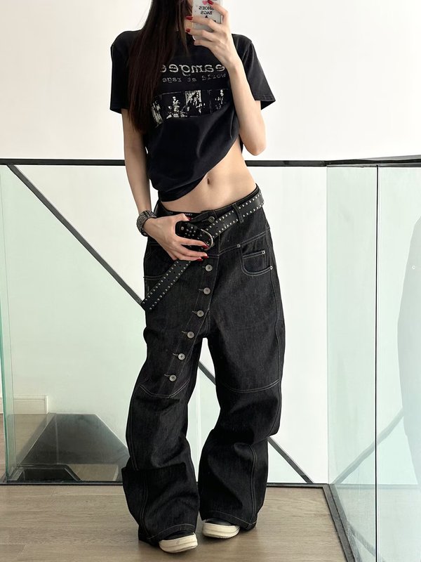 跨境外贸美式复古设计感弯曲长排扣baggy廓形丹宁原牛弯刀牛仔裤|undefined