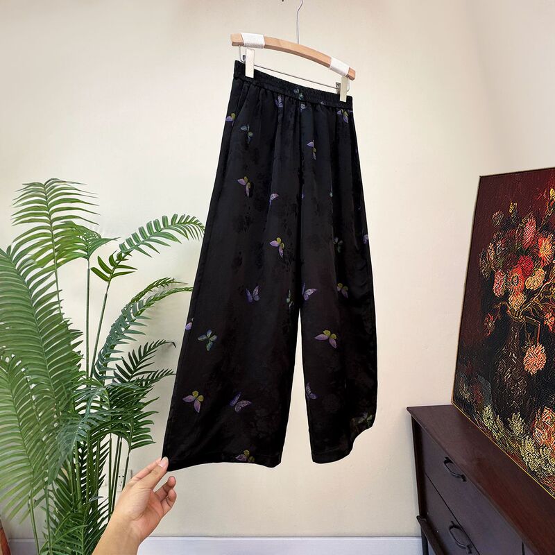 【Zhi Li】New Chinese-Style Jacquard Butterfly Straight-Leg Pants Casual 2026 Summer New National Style Elastic Waist Pants for Women