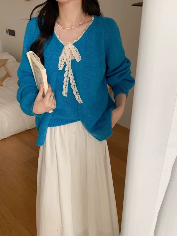 韩系温柔风软糯气质百搭蕾丝拼接针织开衫吊带两件套女秋季新款|undefined