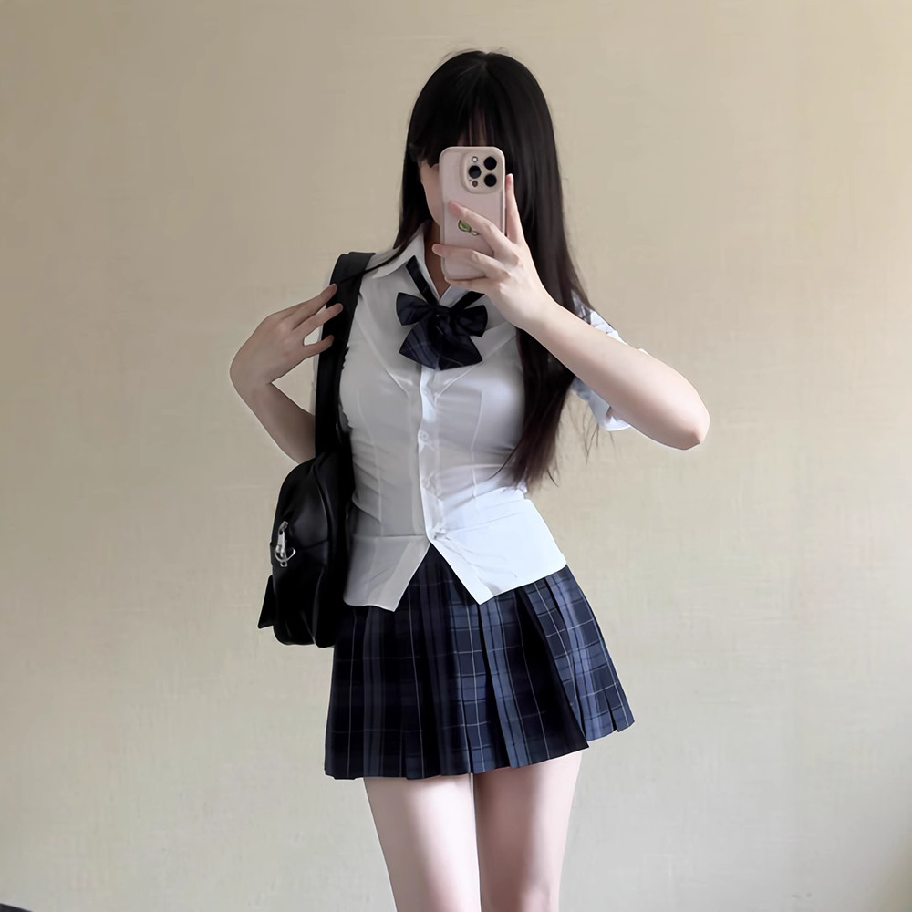 가시 토끼 원래 JK [후이] 격자 스커트 높은 허리 개 짧은 격자 스커트 탄성 허리 셔츠 세트 여성