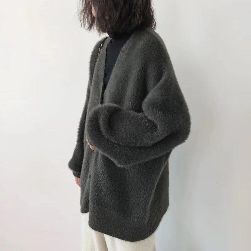 粉色领水貂绒毛衣外套女秋冬温柔慵懒中长款外搭奶针织开衫|undefined
