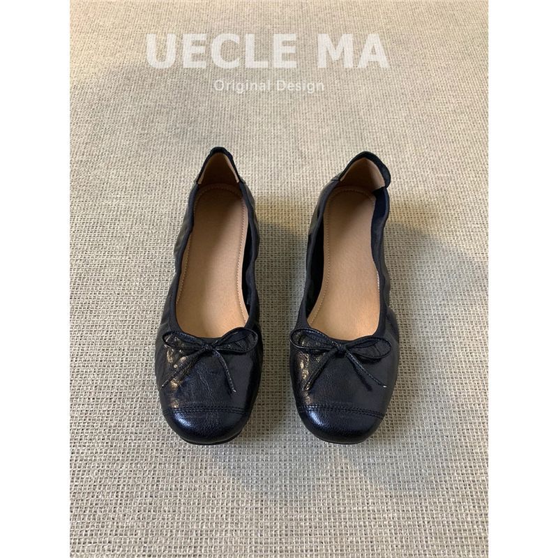 Handmade Washed Cowhide ~ Genuine Leather Soft-Soled Egg Roll Women's Shoes, Retro Flats Shoes, Versatile Bow Ballet Shoes