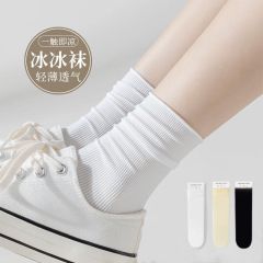 Baby Girl Summer Style Pile Socks, Summer Thin Ice Silk Japanese Style Solid Color Velvet Net White Mid-Calf Ice Ice Socks
