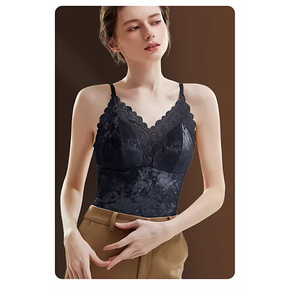 Sari Silk Velvet Lace Inner Layer Thermal Vest for Autumn and Winter, Luxurious French-Style Camisole, Solid Color Base Layer, Thermal Fleece